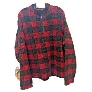 Wrangler Fleece Pullover Mens Large Red Black Buffalo Plaid 1/4 Zip Sherpa
